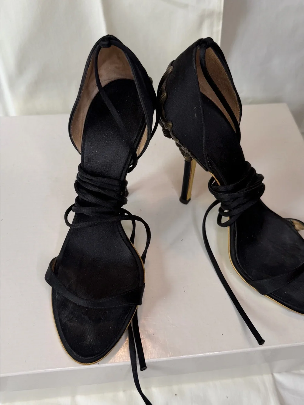 Roberto Cavalli Black Lace-Up Stiletto Heels with Gold Accent